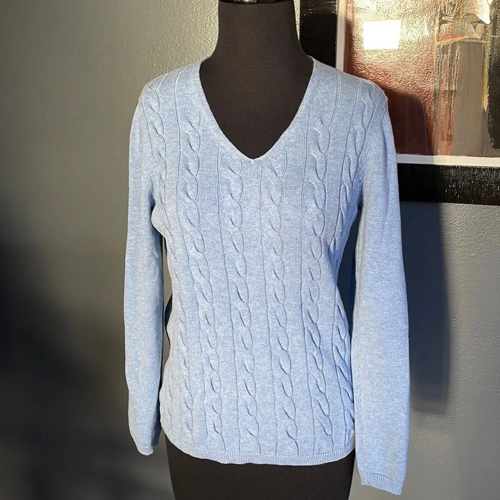 Donnell marled light blue 100% cotton V neck cable front sweater. Size 38; 6/med